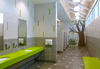 View of a tile mural in a restroom