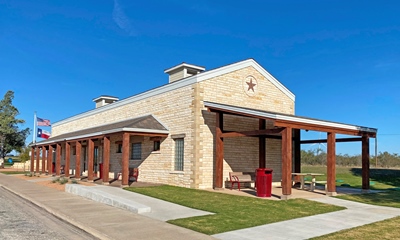 The building form is a tribute to frontier forts in west central Texas area