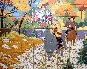 View of a tiled mural inside a restroom