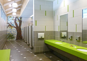 View of a tile mural inside a restroom